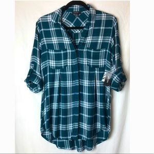 Lord and Taylor Womens Green White and Purple Plaid Button Down Tunic Top Size S